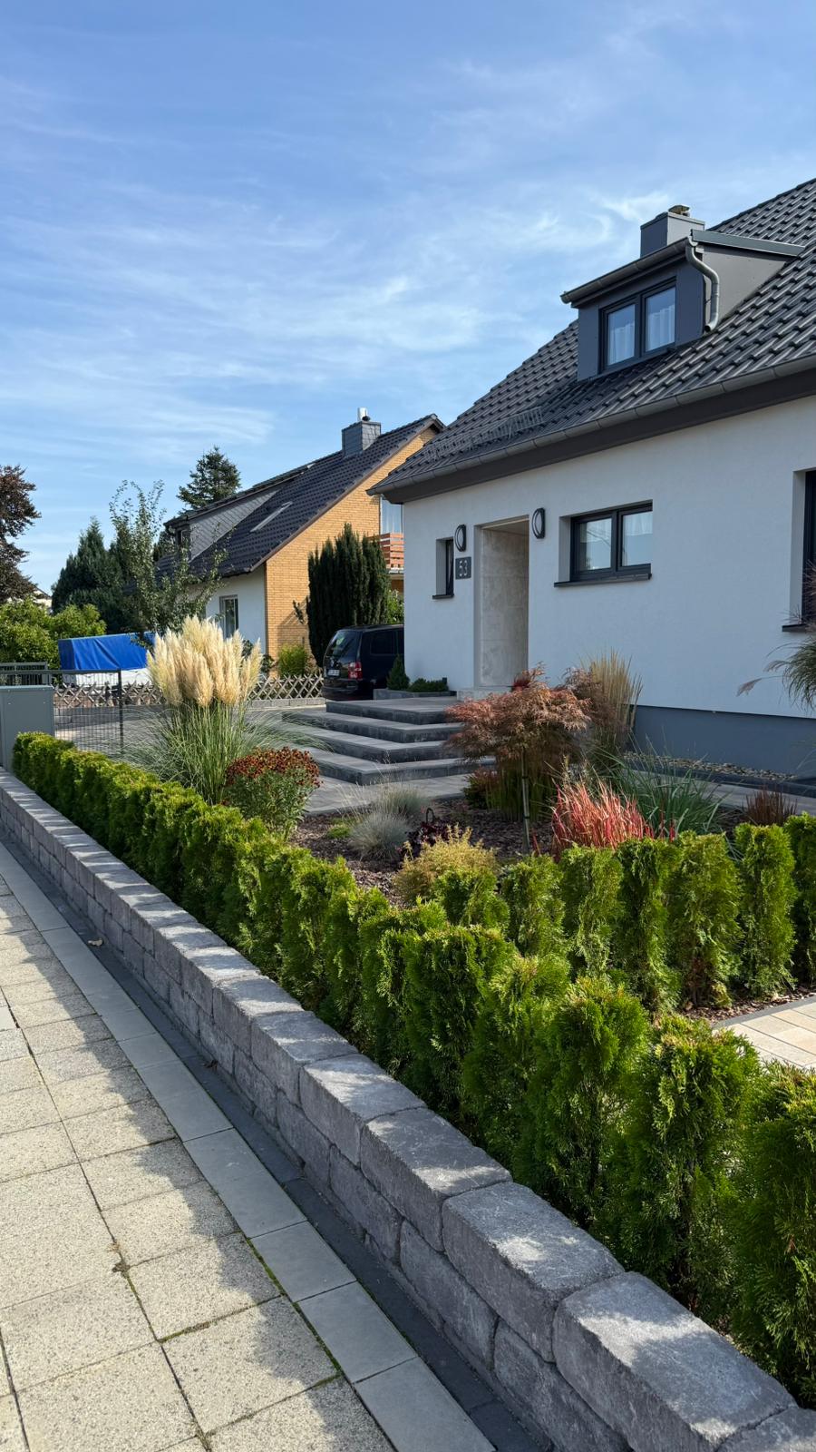 Vorgarten mit Pampasgras und farbenfrohen Sträuchern